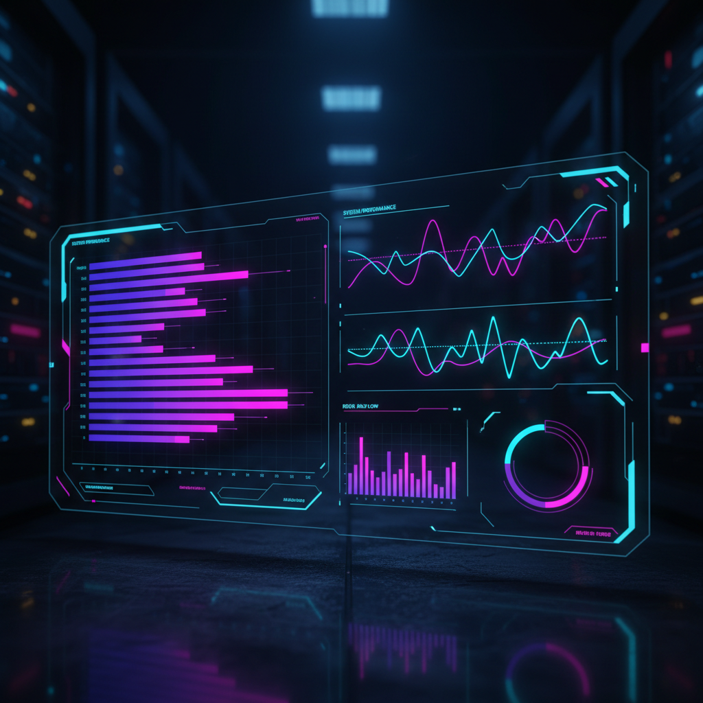 Neon analytics dashboards showing charts, bars, and time series for market intelligence